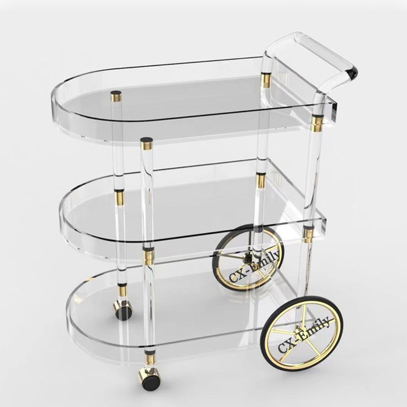 Easy Assembly Hotel Furniture Clear Acrylic Bar Cart 3 Shelves Tier Rolling Kitchen Food Serving Trolley Cart