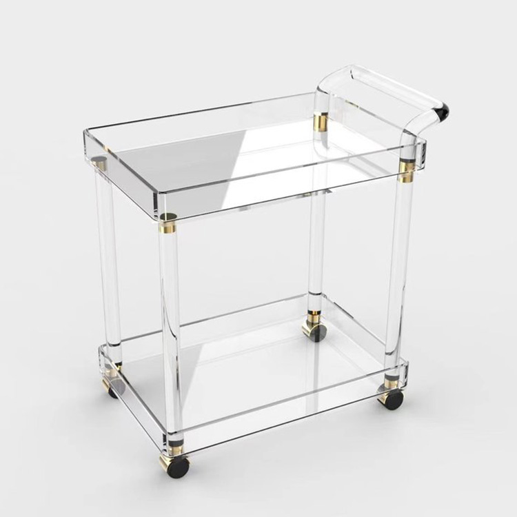 Easy Assembly Hotel Furniture Clear Acrylic Bar Cart 3 Shelves Tier Rolling Kitchen Food Serving Trolley Cart