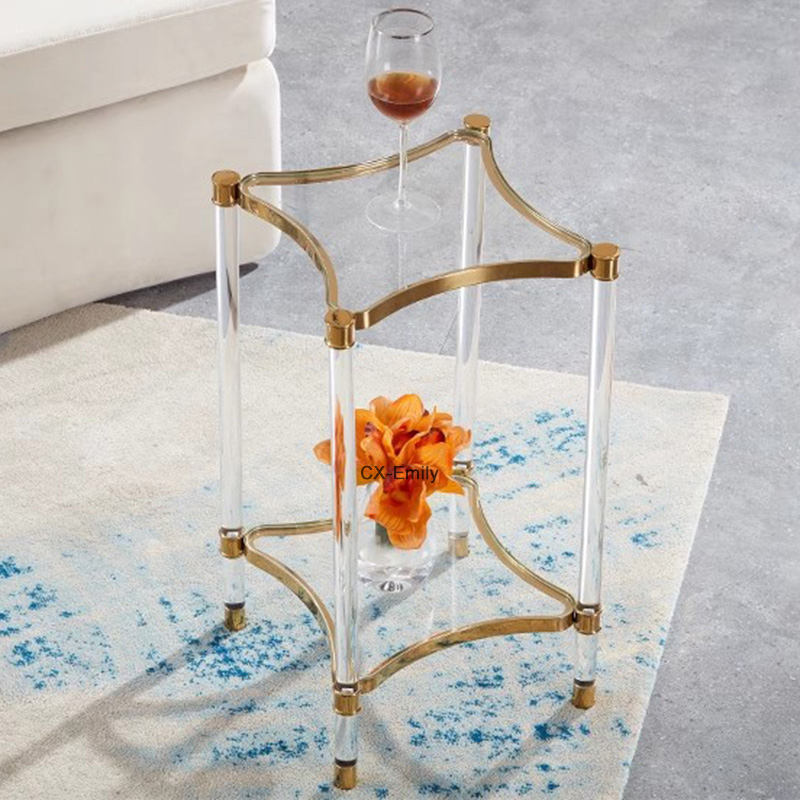 Factory Wholesale Golden Lucite Acrylic Corner Table Lucite Square Stainless Steel Acrylic Console Table With Glass