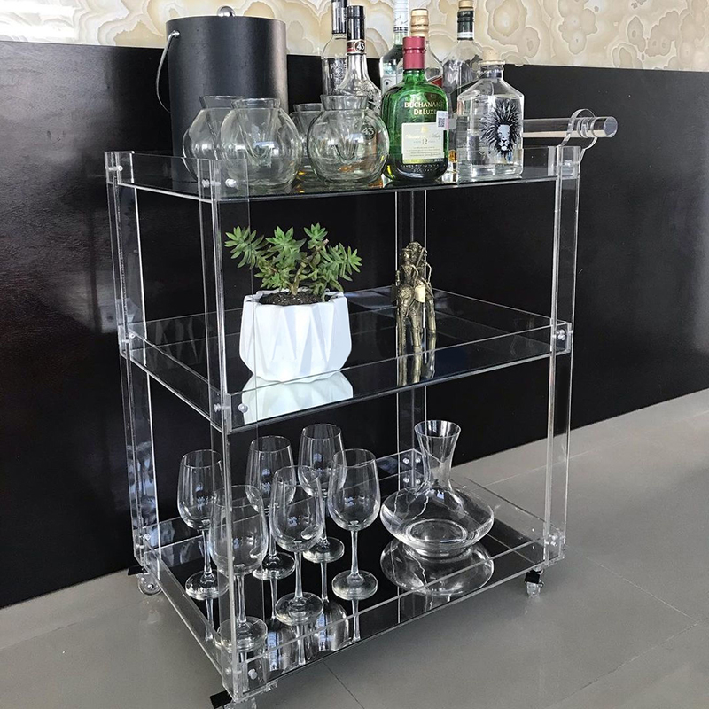 Factory Wholesales Acrylic Bar Wine Trolley Cart 3 Tier Acrylic Trolley Cart Acrylic Lucite Transparent Bar Cart