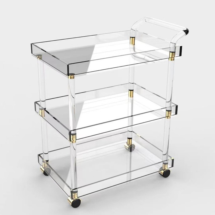 Factory Wholesales Acrylic Bar Wine Trolley Cart 3 Tier Acrylic Trolley Cart Acrylic Lucite Transparent Bar Cart