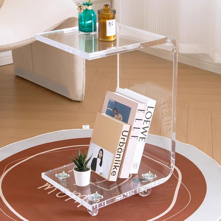 Factory Wholesale Modern Lucite Bedside Table Clear Acrylic Trolley Table C Shape Side Table