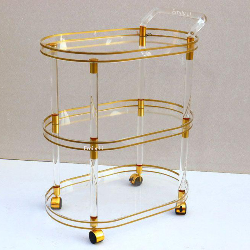 Hot Selling Kuwait Stable Quality 3 Tiers Luxury Gold Mobile Bar Cart Acrylic Kitchen Rolling Serving Trolley Cart
