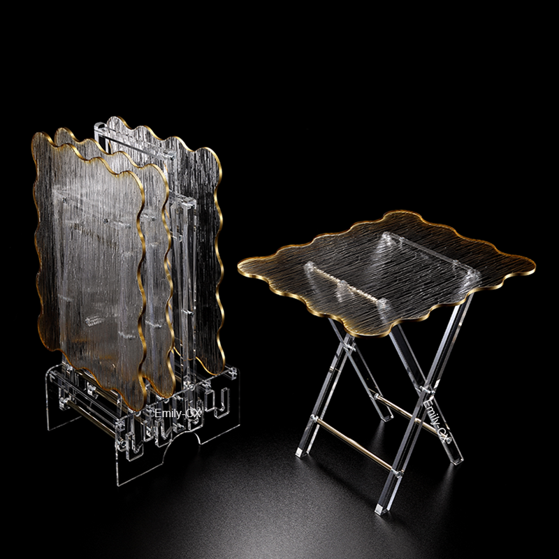Competitive Price New Stylish Folding Side Table Set Clear Acrylic Folding Tray Table With Gold Rim