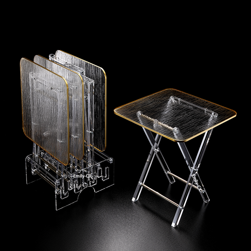 Wholesale Good Quality Modern Stylish 4 Pcs Folding Tea Table Set Clear Acrylic Folding Tray Table With Gold Rim