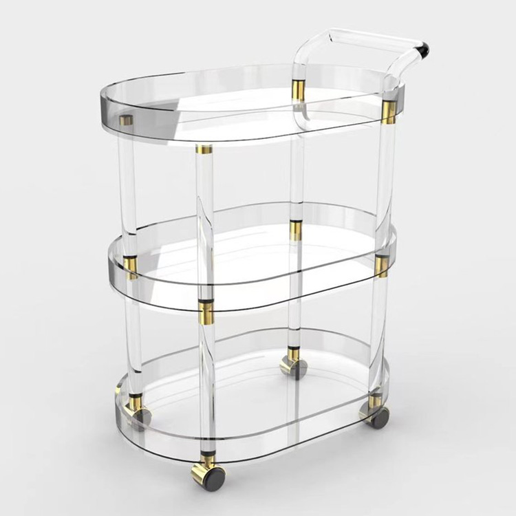 Factory Wholesale Easy Assembly 3 Tier Rolling Clear Lucite Perspex Food Trolleys Acrylic Serving Bar Cart