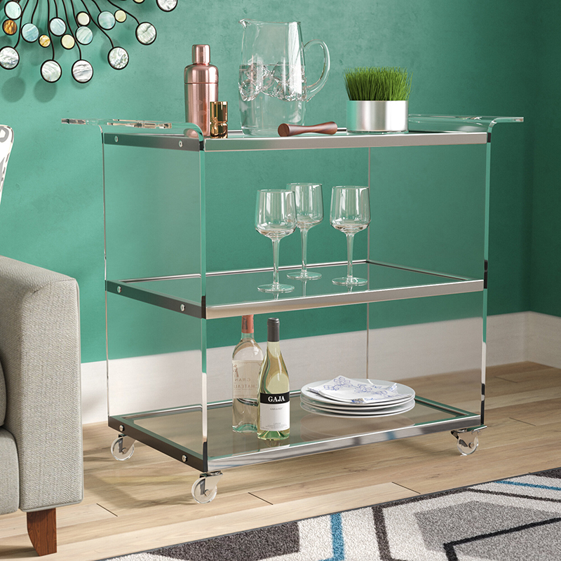Factory Custom Clear 3-Tier Lucite Rolling Acrylic Drinks Serving Trolley Bar Cart Acrylic Hotel Trolley