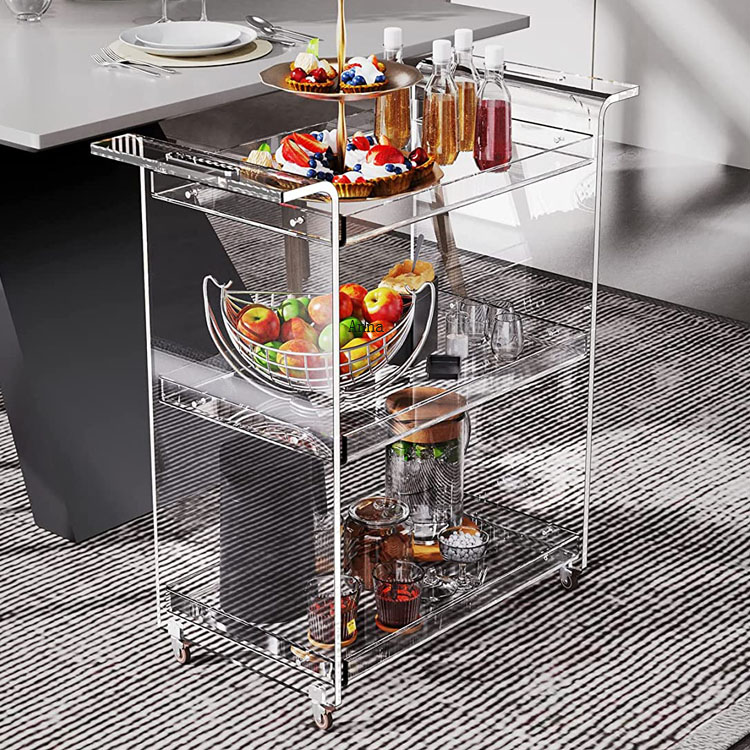 High Quality Beautiful Clear Acrylic Bar Trolley Acrylic Wine Rolling Cart