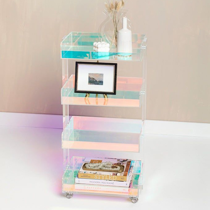 High Quality Assembly Design 4 Tiers Luxury Beautiful Rainbow Serving Bar Cart Colorful Iridescent Acrylic Trolley Cart