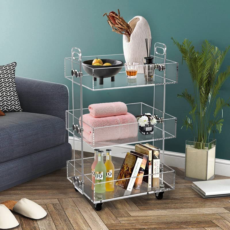 3-Tier Acrylic Utility Rolling Cart Living Room Multifunction Storage Cart On Wheels