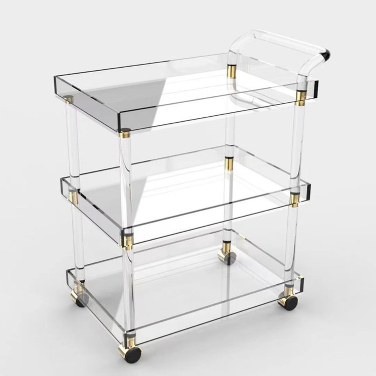 High Quality Easy Assembly Clear Three Tiers Hotel Lucite Serving Trolley Cart Acrylic Hotel Liquor Trolley