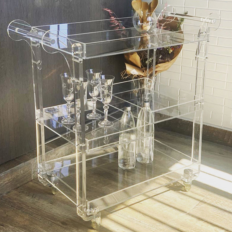 Factory Custom Clear 3-Tier Lucite Rolling Drinks Trolley Acrylic Bar Cart on Wheels for Hotel Serving