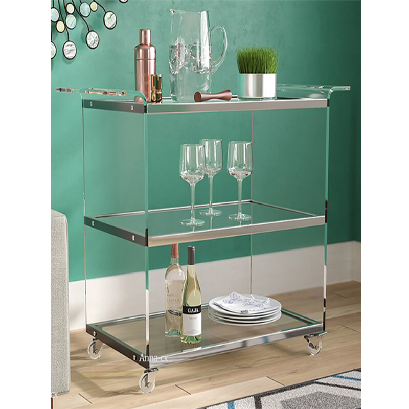 Easy Assembly Fast Supplier Luxury Lucite 3 Tier Rolling Serving Bar Cart Clear Acrylic Trolley With Glass Top