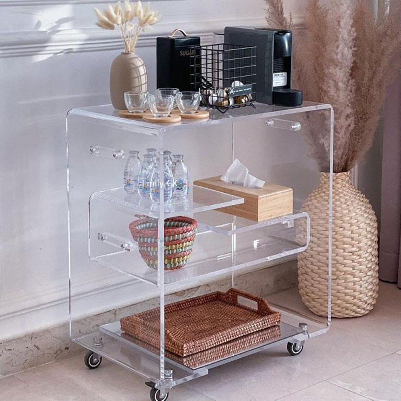 High Quality Assembly 3 Tier Acrylic Kitchen Rolling Bar Cart Luxury Transparent Acrylic Hotel Food Serving Trolley