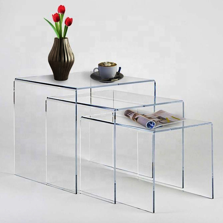 High Quality U-shape Design Coffee Table Acrylic 3 Pieces Nesting End Side Tables