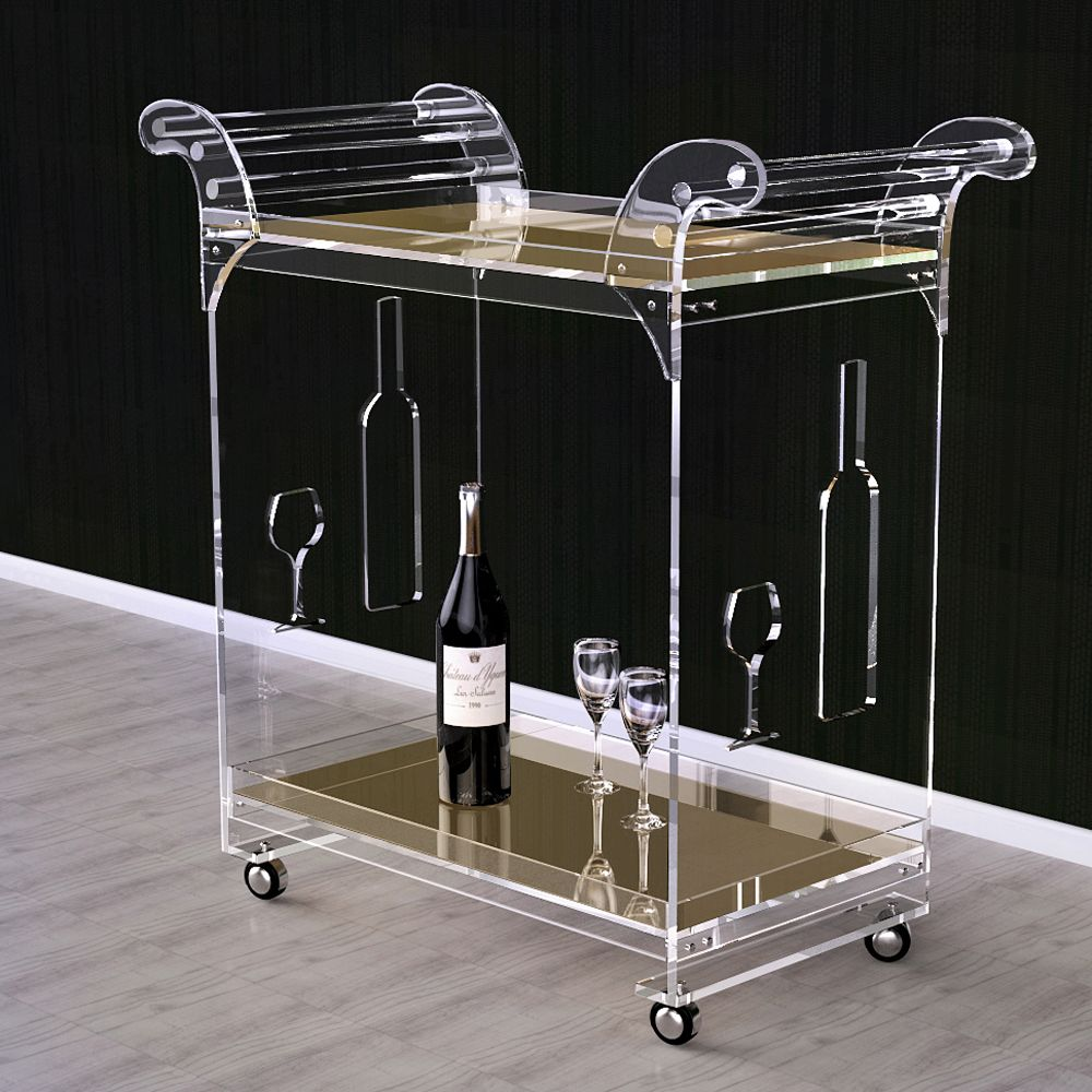 Kuwait Hot Sale Newest Style Luxury Lucite Plexi Acrylic Serving Trolley Cart With Gold Mirror Trays