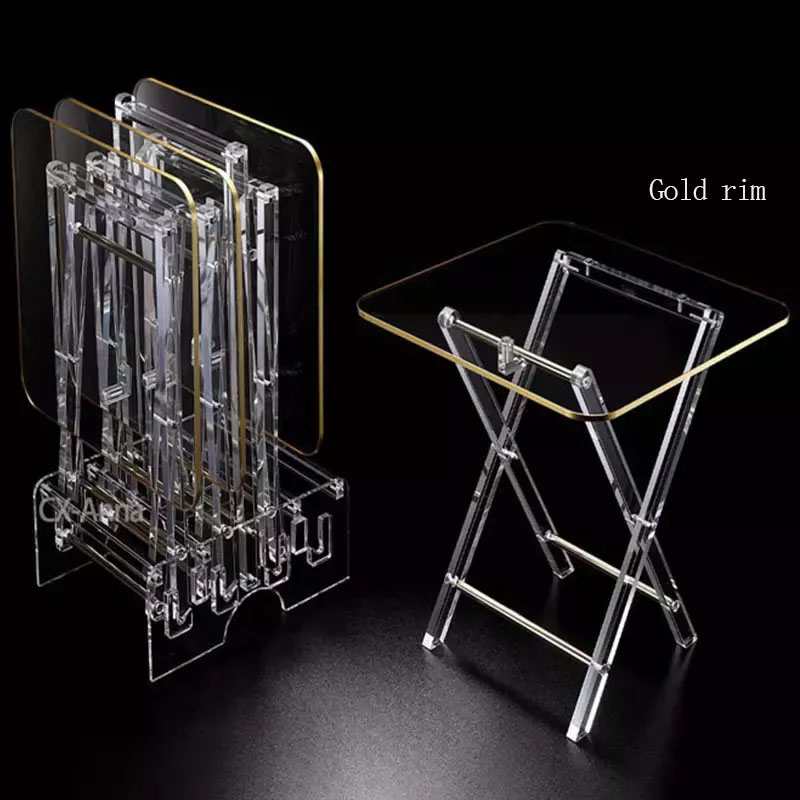 Factory Price Transparent Clear Acrylic Folding Coffee Table Service Table With Gold Rim