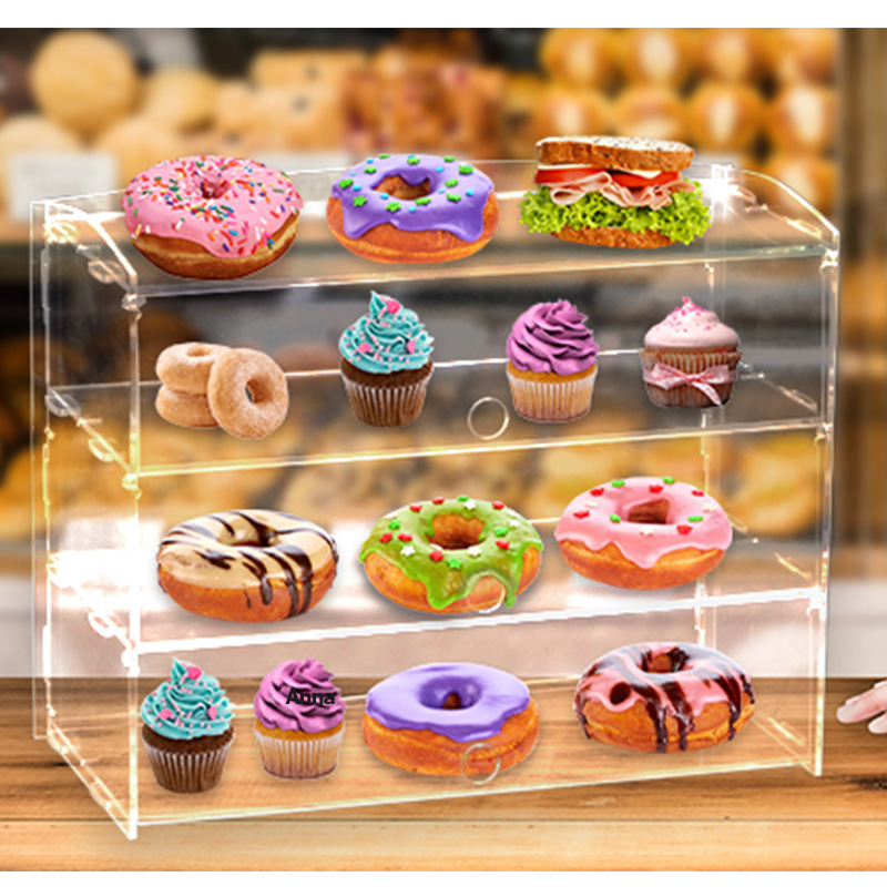 3-Tier Pastry Display Case, Acrylic Display Case with Rear Door Access, Suitable for Bakery Countertop Snack Bar Cafe