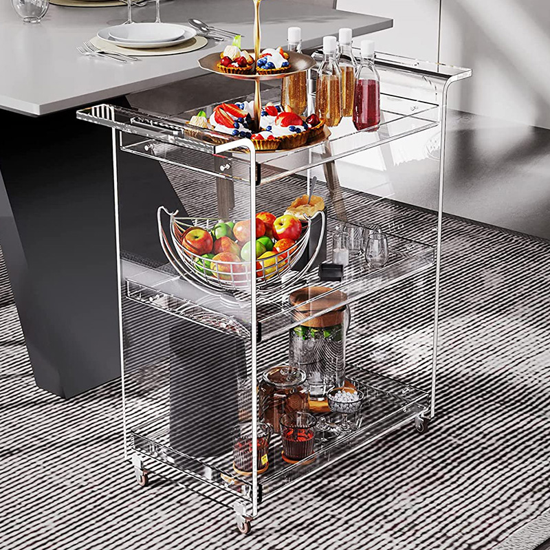 Factory Custom Clear 3 Tier Lucite Rolling Drinks Trolley Acrylic Serving Trolley Cart