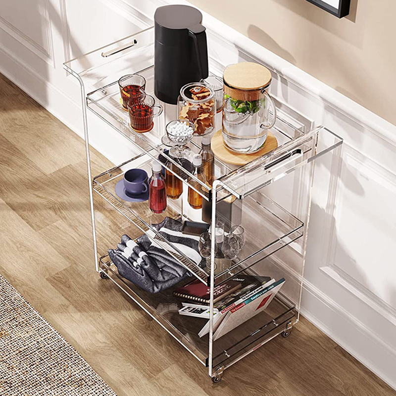 Luxury High Quality Beautiful Clear Acrylic Bar Cart Acrylic Wine Rolling Trolley Cart