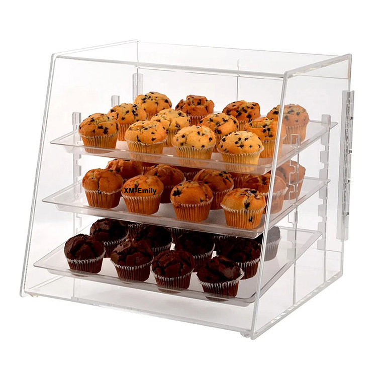 Free Design Food Shop Countertop Clear Acrylic Bread Display Cabinet 3 Trays Bakery Cake Display Case