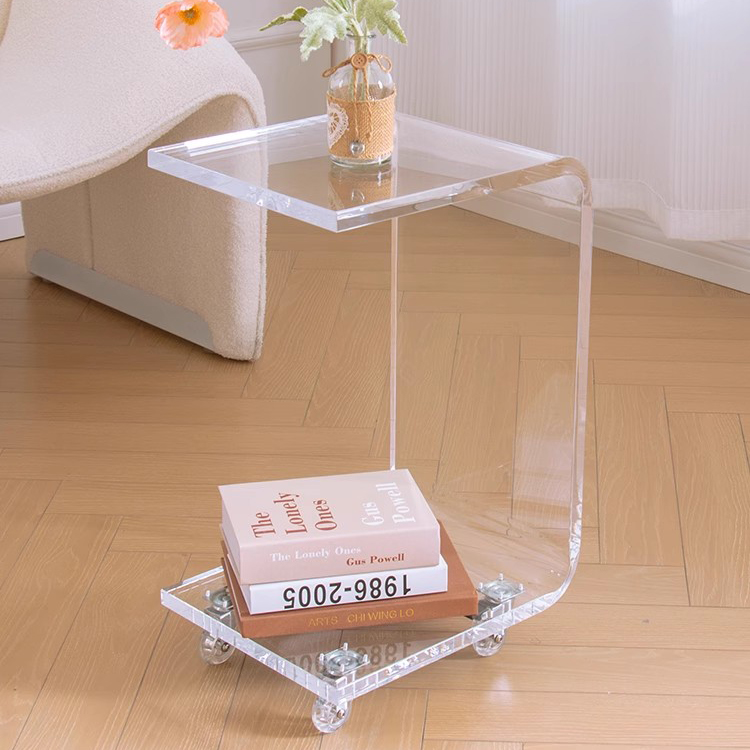 Clear Rolling Acrylic Coffee Table Living Room Side Table Bedroom Acrylic End Table with Wheels