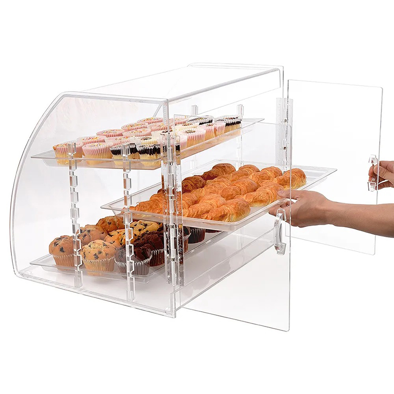 Custom Acrylic Bakery Display Cabinet Pastry Donut Display Case with Hinged Doors and 3 Removable Trays